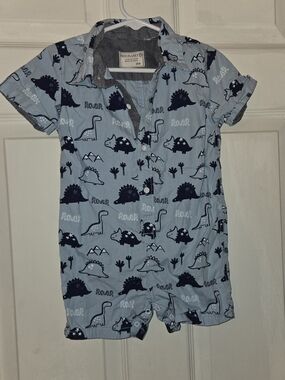 Free Planet Light Blue and Navy Dino Button-Front One-Piece Romper SZ 24M